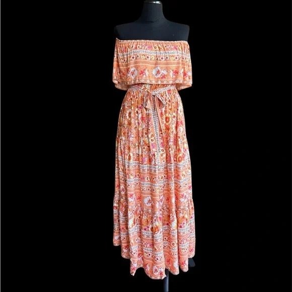 Off the Shoulder Floral Orange Maxi Dress NWT - Picture 6 of 10